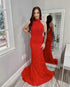Red Lace Mermaid Prom Dresses with Halter Neckline Long Prom Party Gowns Open Back